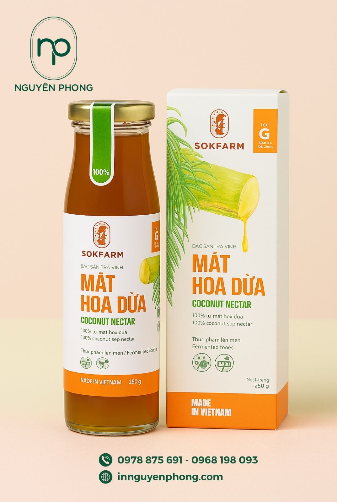 trọn bộ bao bì đựng mật hoa dừa